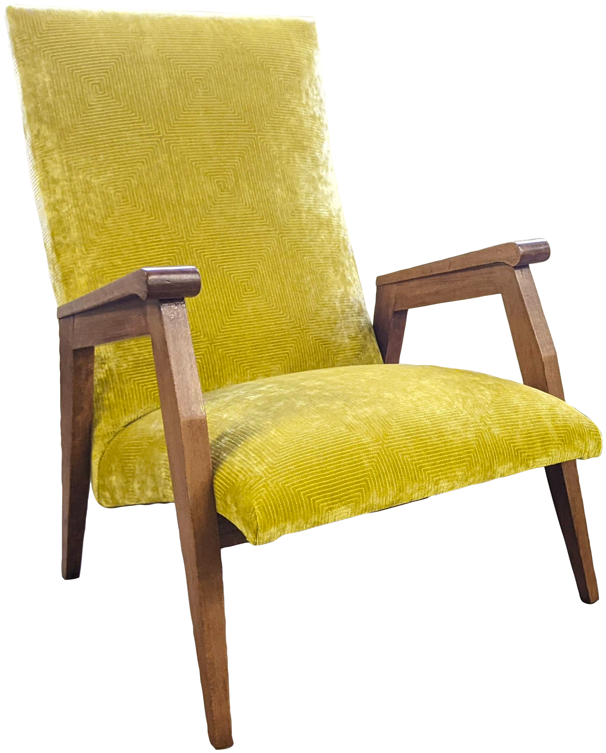 Fauteuil restauré avec un tissu en velours jaune à motifs géométriques, travail de tapisserie d'ameublement réalisé à Rennes.