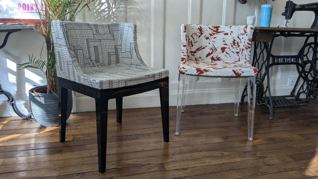 Changement de tissu de chaises Mademoiselle par Philippe Starck pour Kartell