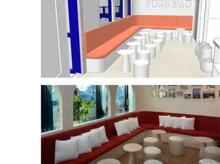 banquette sur mesure, plans et réalisations, en velours terra cotta