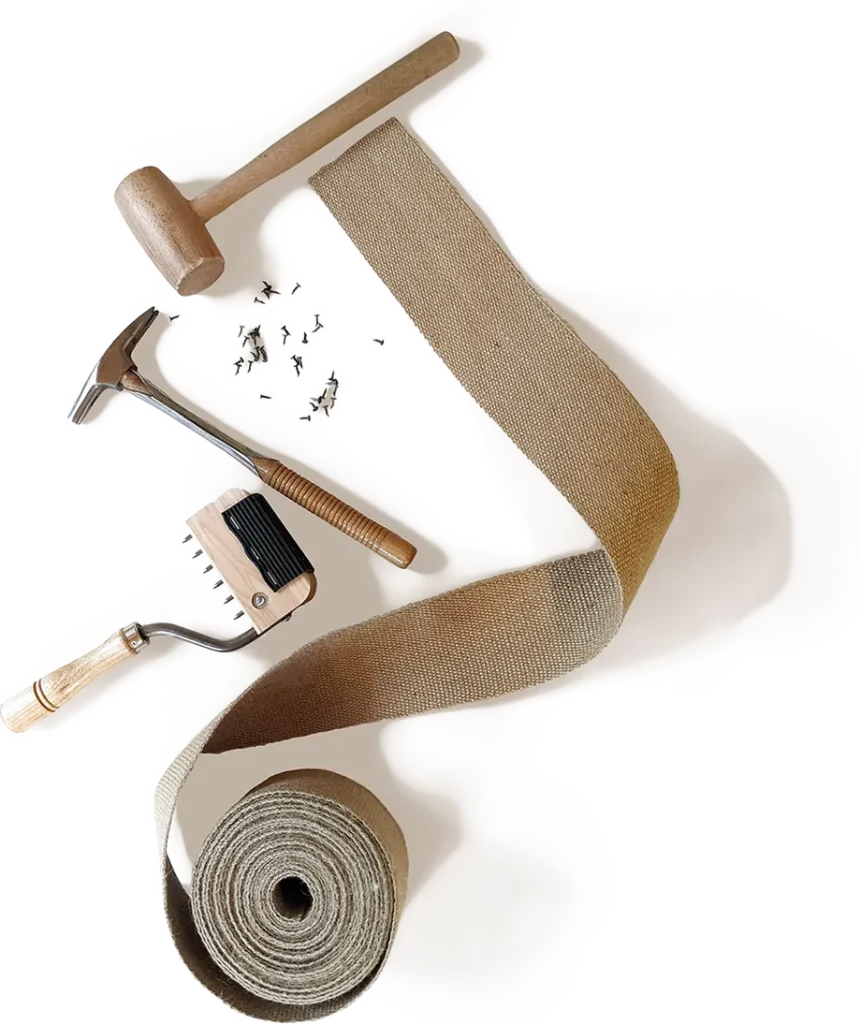 outils de tapisserie d'ameublement (sangle en jute, ramponeau, tire sangle)